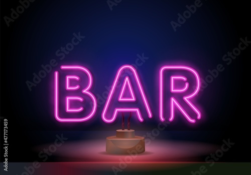 Neon bar signboard city color pink. Template for karaoke, live music, bar, comedy show. Vector illustration