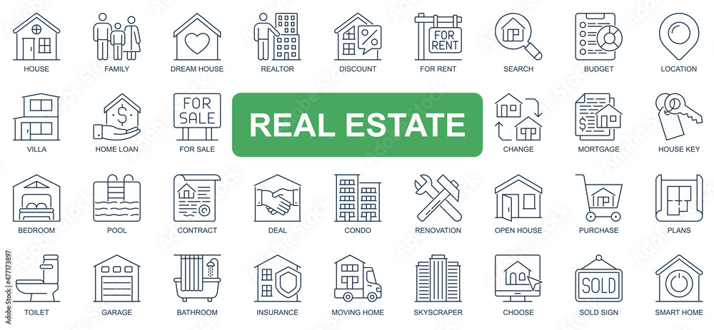 Real estate concept simple line icons set. Pack outline pictograms of dream house, rent, sale, loan, mortgage, renovation, insurance, deal and other. Vector symbols for website and mobile app design Real estate concept simple line icons set. Pack outline pictograms of dream house, rent, sale, loan, mortgage, renovation, insurance, deal and other. Vector symbols for website and mobile app design