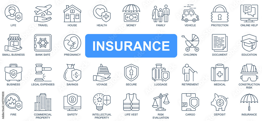 Insurance concept simple line icons set. Pack outline pictograms of life, travel, house, health, money, business, protection, online help and other. Vector symbols for website and mobile app design