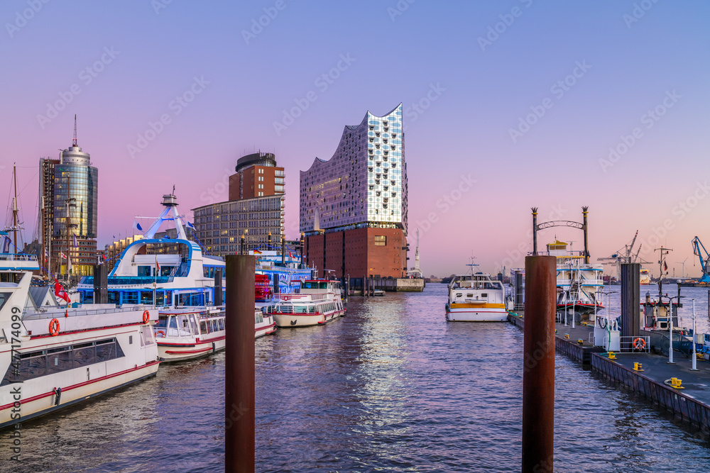 Hamburg, Germany. The harbor at sundown.