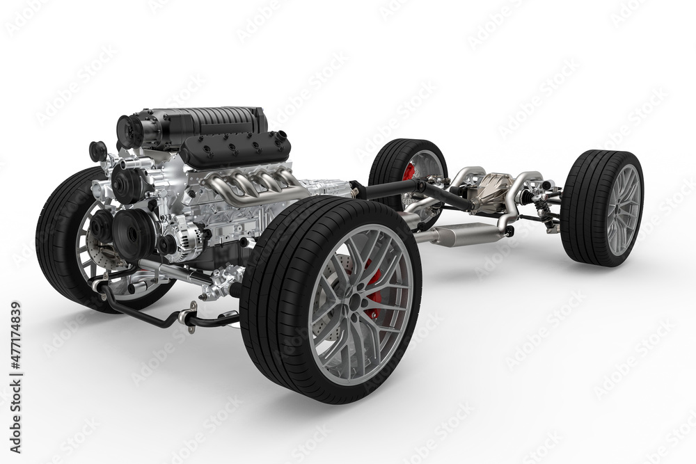 Car chassis with engine. Image of car chassis with engine isolated on white. 3d rendering - obrazy, fototapety, plakaty 