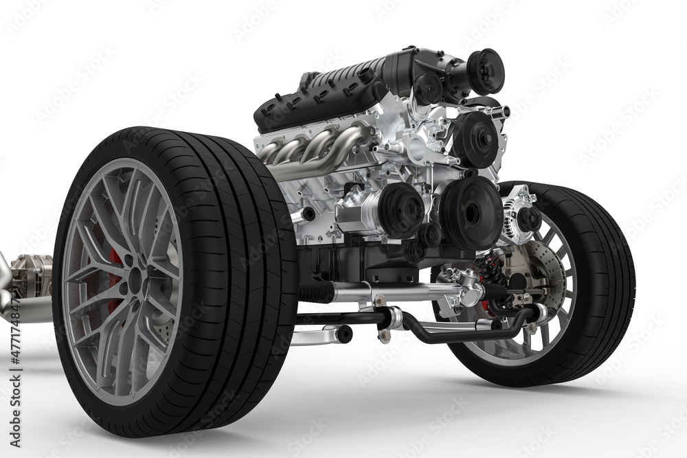 Front car chassis with engine on white background. 3D illustration