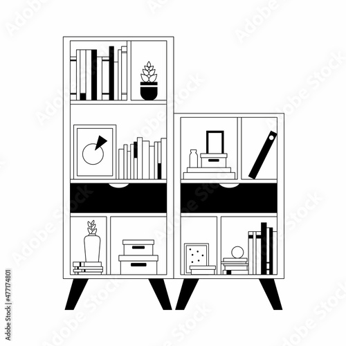 Linear sketch of a bookcase. Black and white vector flat minimalistic illustration. Scandinavian swedish style.