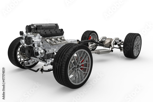 Car chassis with engine. Image of car chassis with engine isolated on white. 3d rendering photo