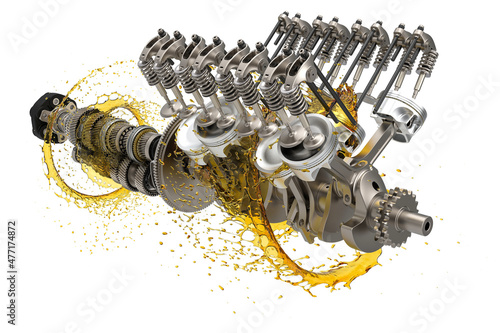 3d illustration of car engine and gearbox oil. Oil for car. Transmission gears in oil and engine parts.