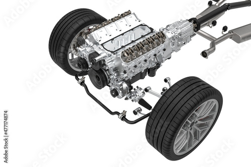 Front car chassis with engine and transmission on white background. Engine cylinder head photo