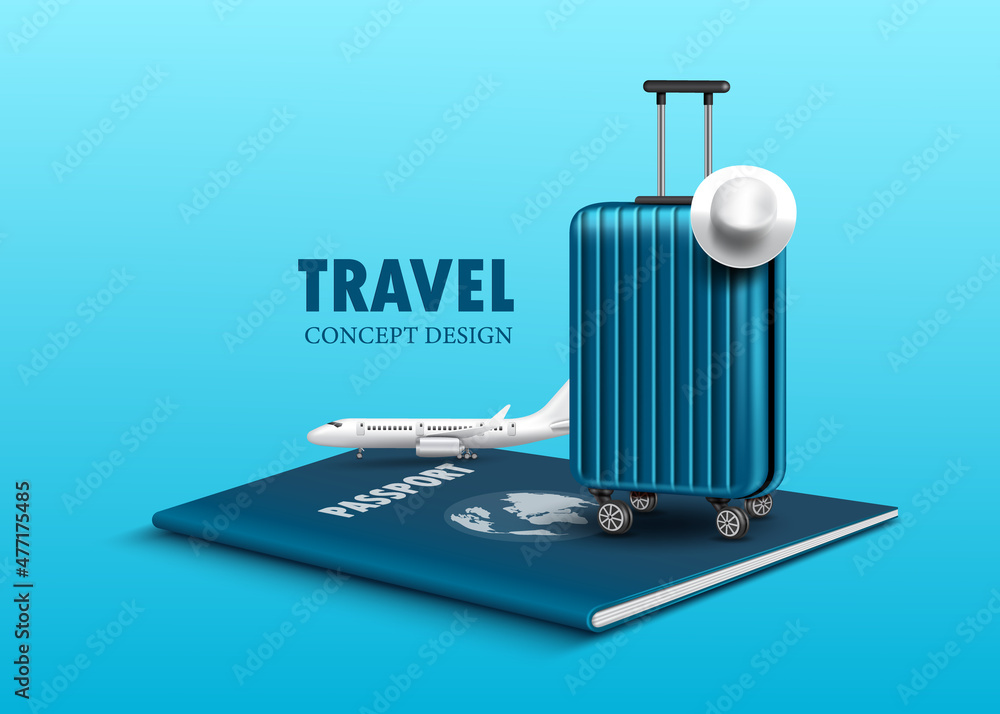 luggage and planes placed on the passport for making advertising media about tourism and all object on blue background,vector 3d virtual for travel and transport concept design - obrazy, fototapety, plakaty 