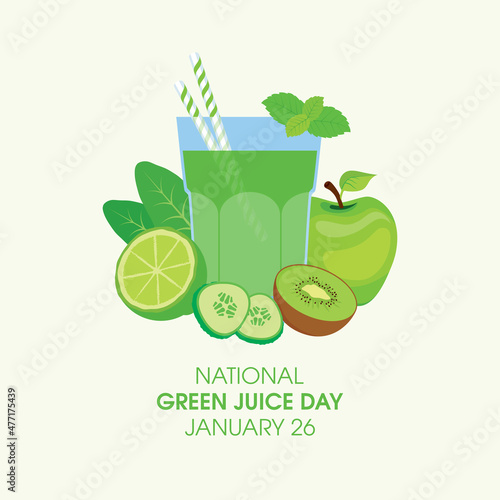 National Green Juice Day vector. Healthy green vegetable and fruit juice vector. Glass of green smoothie icon. Green Juice Day Poster, January 26. Important day