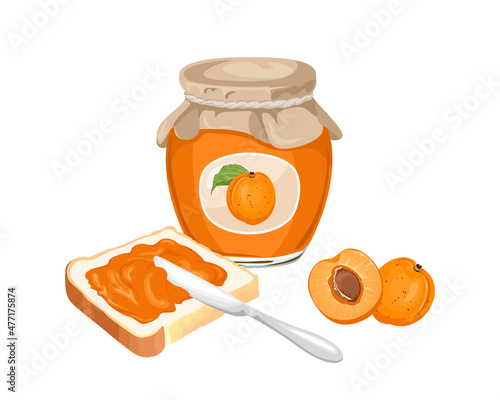 Apricot jam set. Spread on piece of toast bread, knife, glass jar with jelly and fresh fruit isolated on white background. Vector sweet food illustration in cartoon flat style.