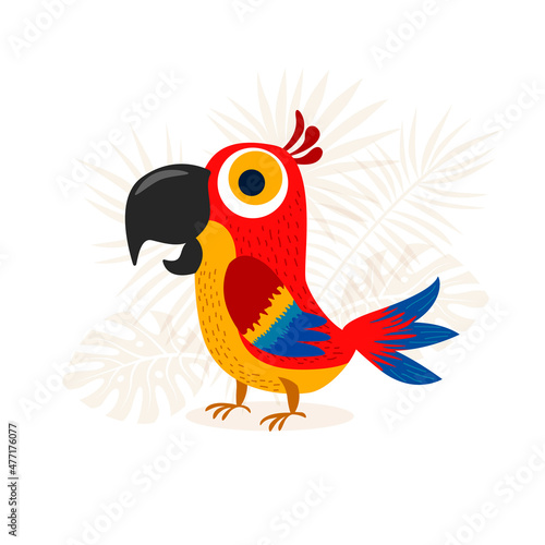 Cartoon red parrot on a white background. Vector image in flat style.