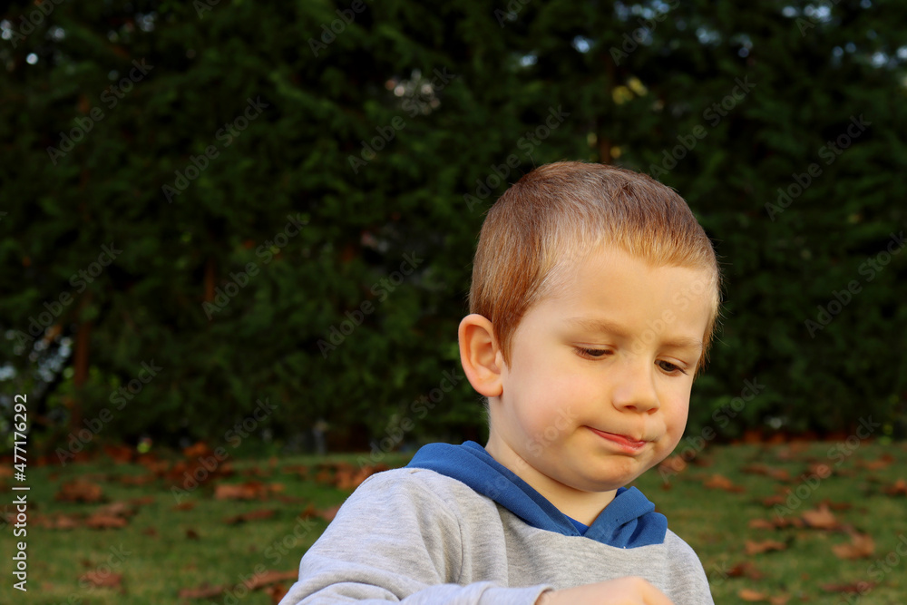 The four-year-old blond boy puffs out his cheeks, looking down. Portrait of a serious little boy. The four-year-old blond boy puffs out his cheeks, looking down. Portrait of a serious little boy.