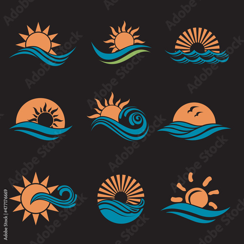 abstract collection of sun and sea waves icons isolated on black background