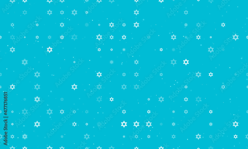 Seamless background pattern of evenly spaced white star of David symbols of different sizes and opacity. Vector illustration on cyan background with stars
