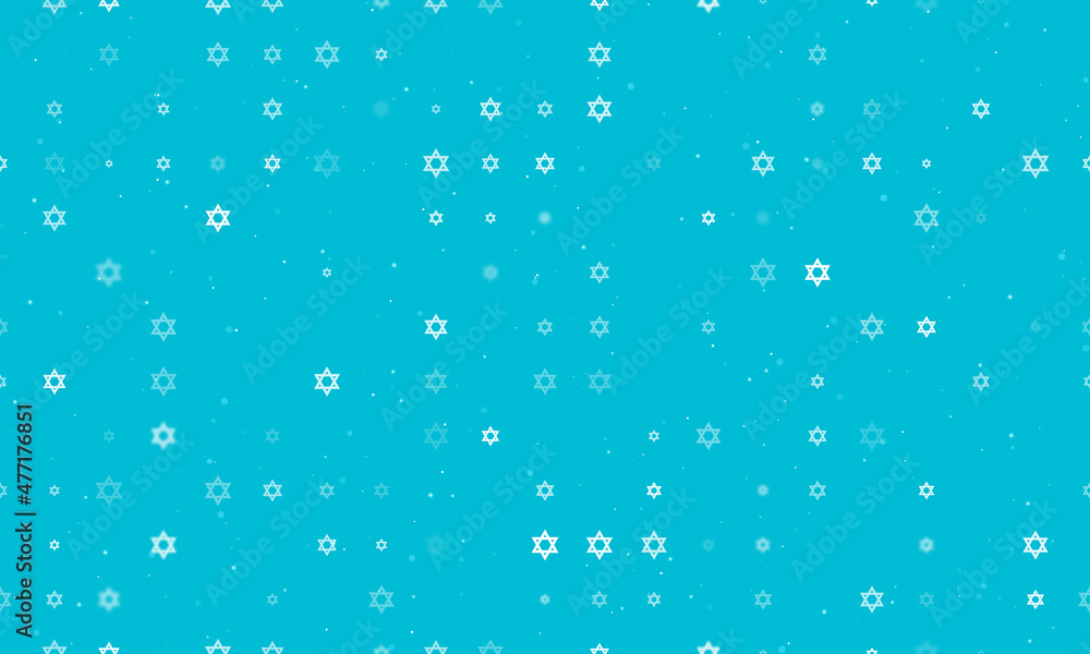 Seamless background pattern of evenly spaced white star of David symbols of different sizes and opacity. Vector illustration on cyan background with stars Seamless background pattern of evenly spaced white star of David symbols of different sizes and opacity. Vector illustration on cyan background with stars