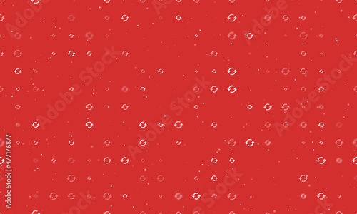 Seamless background pattern of evenly spaced white refresh symbols of different sizes and opacity. Vector illustration on red background with stars