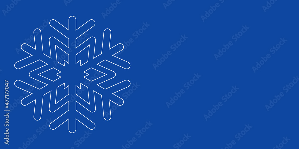 A large white outline snowflake symbol on the left. Designed as thin white lines. Vector illustration on blue background A large white outline snowflake symbol on the left. Designed as thin white lines. Vector illustration on blue background