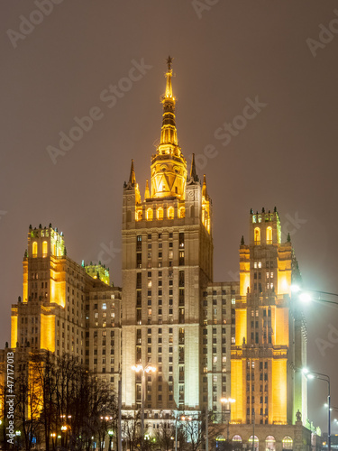Winter Night view on the residential Stalinist high-rise building on Kudrinskaya Square with illumination. It is the one of seven Stalinist skyscrapers built in 1947-1954.