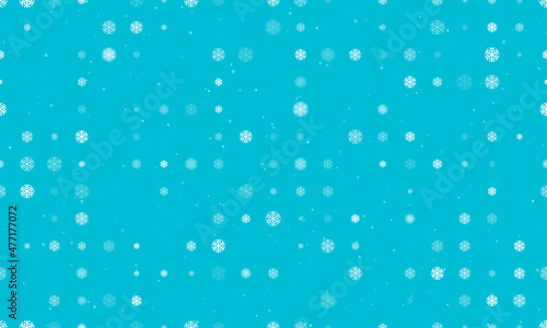 Seamless background pattern of evenly spaced white snowflake symbols of different sizes and opacity. Vector illustration on cyan background with stars