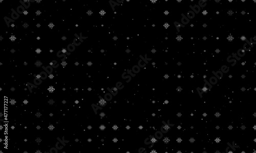 Seamless background pattern of evenly spaced white vision symbols of different sizes and opacity. Vector illustration on black background with stars