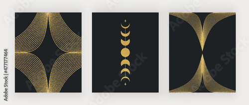 Golden moon celestial and geometric shapes on the black backgrounds. Vector wall art prints