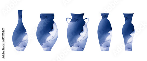 Collection blue watercolor vector vases