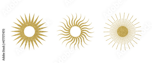 Set golden glitter lines sun