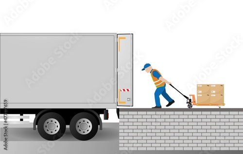 A hand pallet truck loader loads pallets with cardboard boxes into a truck. Storage, sorting and delivery. Storage equipment. Vector illustration.