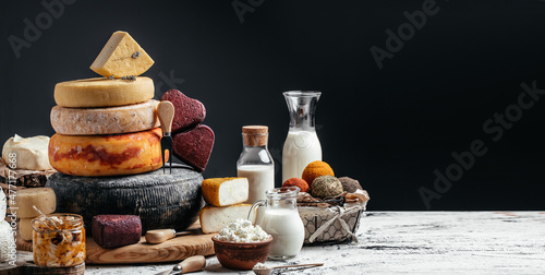 different kinds of delicious cheese. farmer market. large assortment of international cheese specialities on black background. Long banner format