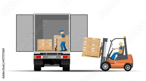 Loading a car van by means of a forklift truck and a hand pallet truck. Logistics and delivery of goods. Vector illustration.