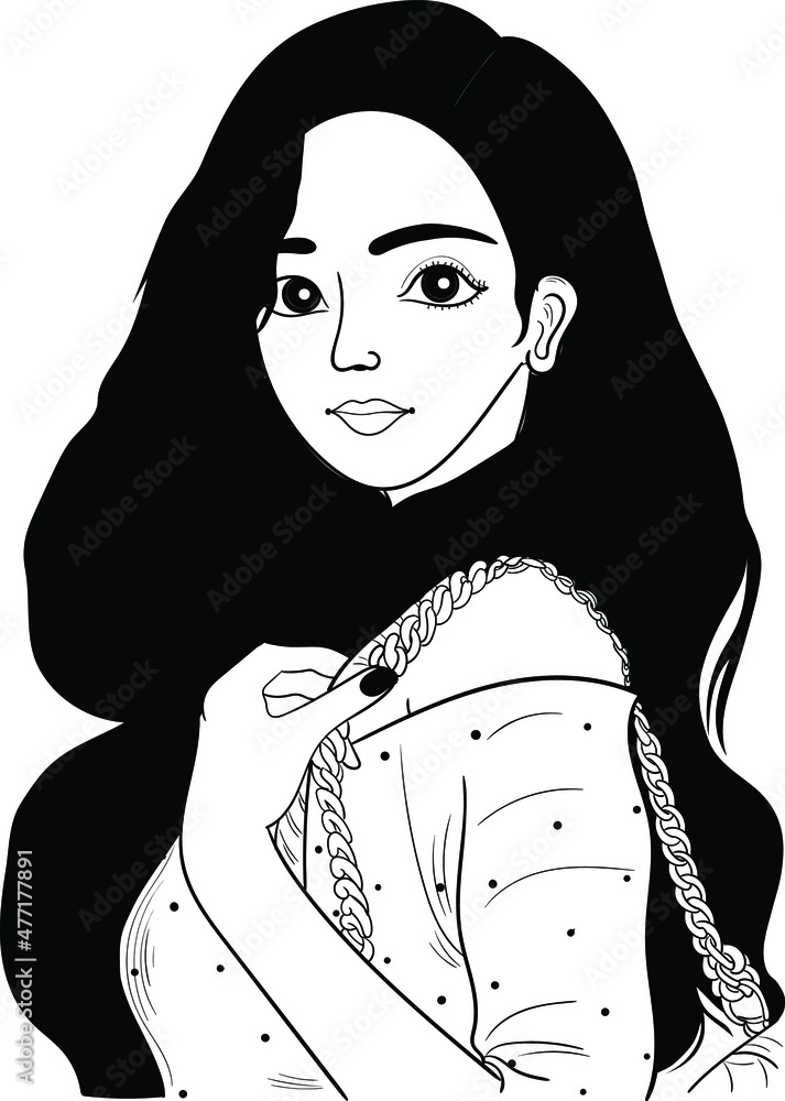 Indian girl hold purse in their hand artistic black and white clip art