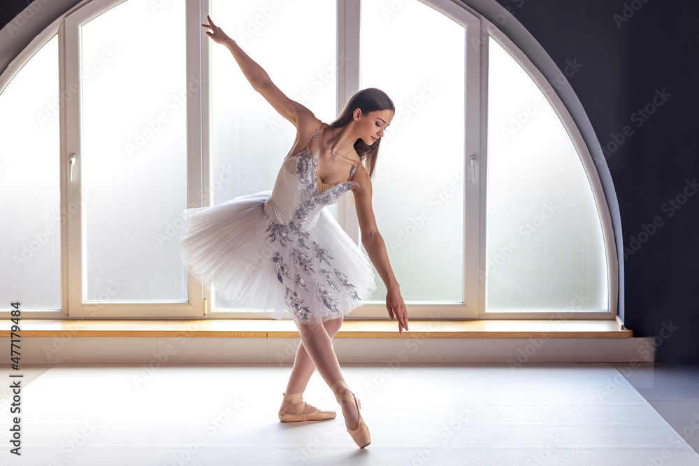 Focused ballerina dressed in white tutu costume practice ballet poses at ballet studio in front round shaped window background in natural ambient daylight atmosphere Stock-foto | Adobe Stock