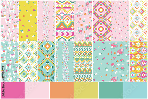 A bright collection of llama patterns, inspired by peru and aztec patterns.