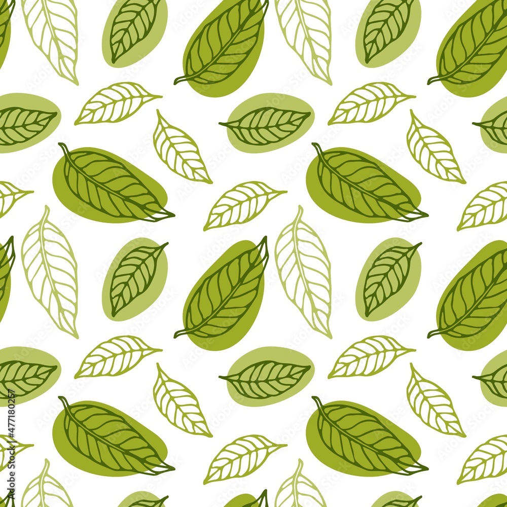Green Tea leaves seamless pattern. Hand drawn Leaves sketch. Floral  background for hot or ice beverage menu design. Flat vector illustration  for wallpaper, wrapping, packing, textile. Stock Vector | Adobe Stock