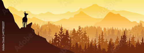 A chamois stands on top of a hill with mountains and forest in the background. Black silhouette with orange, yellow and brown background. Illustration.