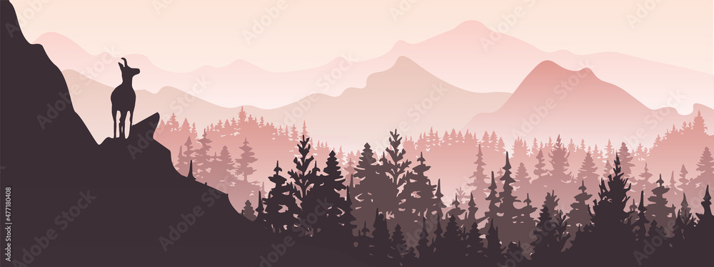 Fototapeta premium Horizontal banner. A chamois stands on top of hill with mountains and forest in background. Silhouette with pink and violet background. Illustration. Magic misty landscape.