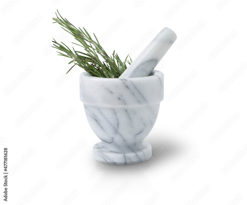 marble mortar with pestle and rosemary sprigs isolated on white background