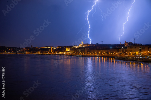 Lightning over downtown Budapest during the night