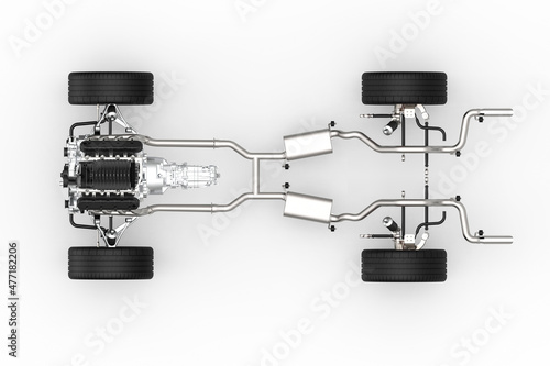 FWD drivetrain. Front wheel drive system. Drivetrain Systems. Top view. 3D rendering