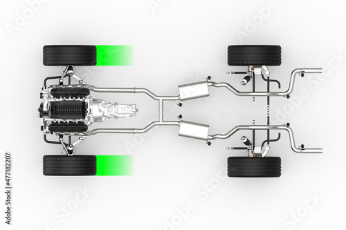 FWD drivetrain. Front wheel drive system. Drivetrain Systems. Top view. 3D rendering photo