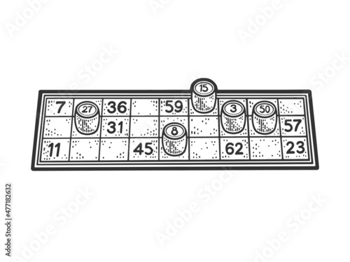 Bingo lotto game card sketch engraving vector illustration. T-shirt apparel print design. Scratch board imitation. Black and white hand drawn image.