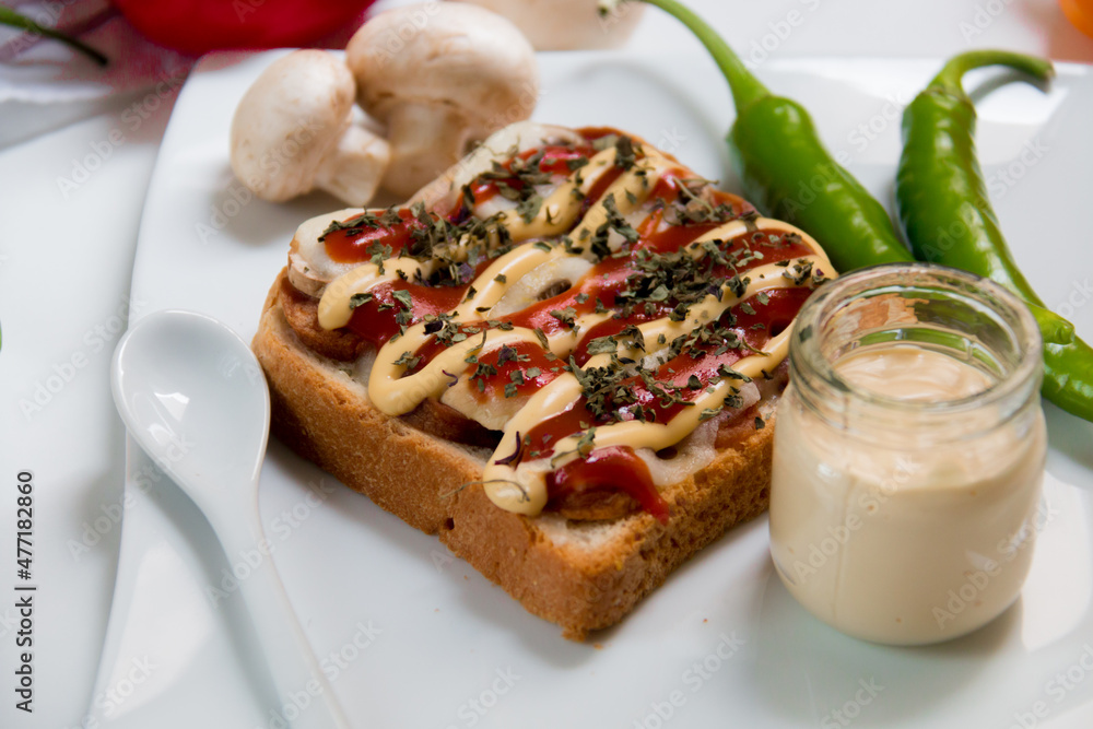 Snack and fries with mushroom and pepper Snack and fries with mushroom and pepper