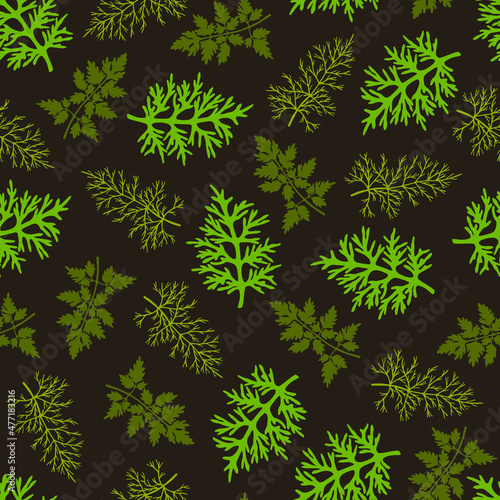Seamless pattern of leaves, herbarium. Parsley, dill, wormwood. Vector stock illustration eps10. 