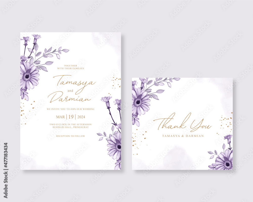 Elegant wedding card invitation template with purple flower watercolor Elegant wedding card invitation template with purple flower watercolor