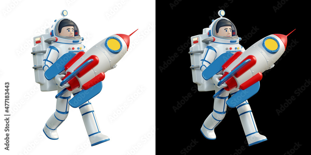 Cartoon astronaut in a spacesuit carries a space rocket in his arms. 3d ...