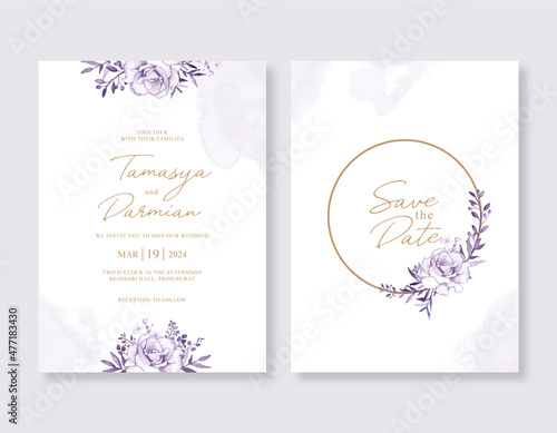 Beautiful wedding invitation template with purple floral watercolor