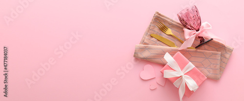 Beautiful table setting for Valentine's Day on pink background with space for text © Pixel-Shot