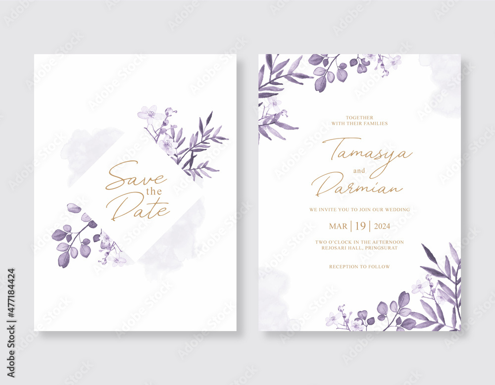 wedding invitation template with floral purple watercolor