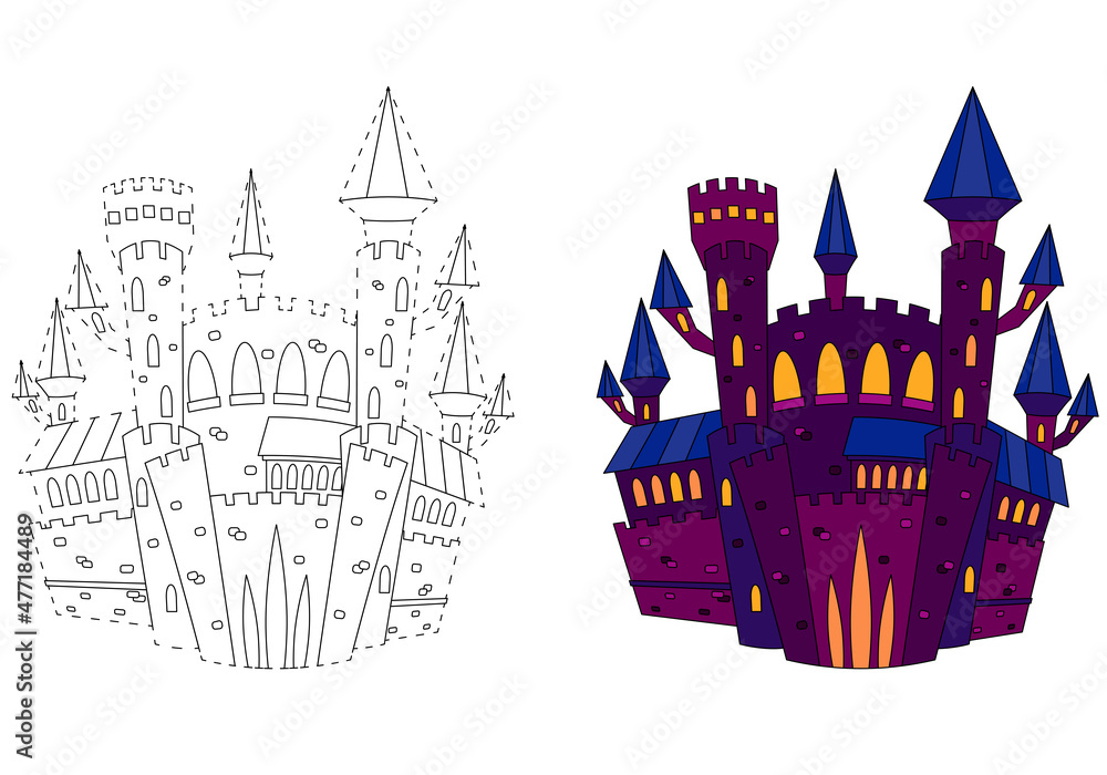 Dracula's fairytale castle. Coloring book for children. Practice of handwriting. Education Development Worksheet.