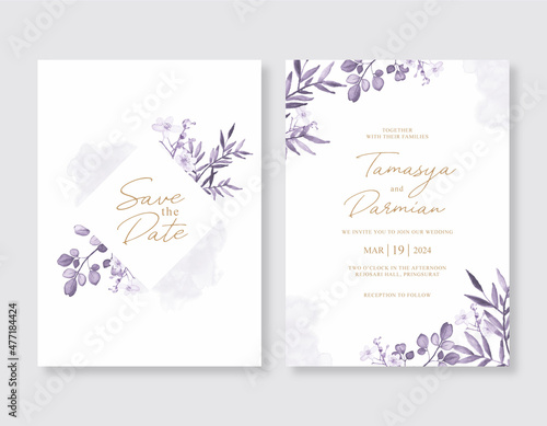 wedding invitation template with floral purple watercolor