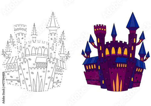 Dracula's fairytale castle. Coloring book for children. Practice of handwriting. Education Development Worksheet.